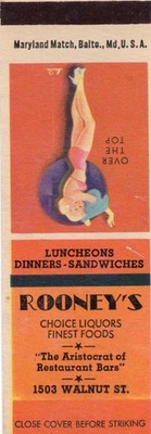 Matchbook Cover  Rooney's Liquor store Walnut St. bar pub