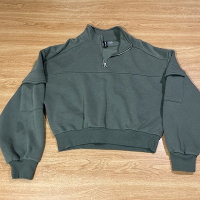  H&M Divided Olive Green Cropped Quarter Zip Sweatshirt Women s Small Y2K