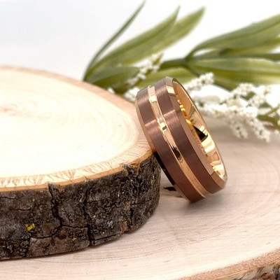 8mm Rose Gold & Brown Tungsten Band High Polish Engraved Ring For Christmas Gift