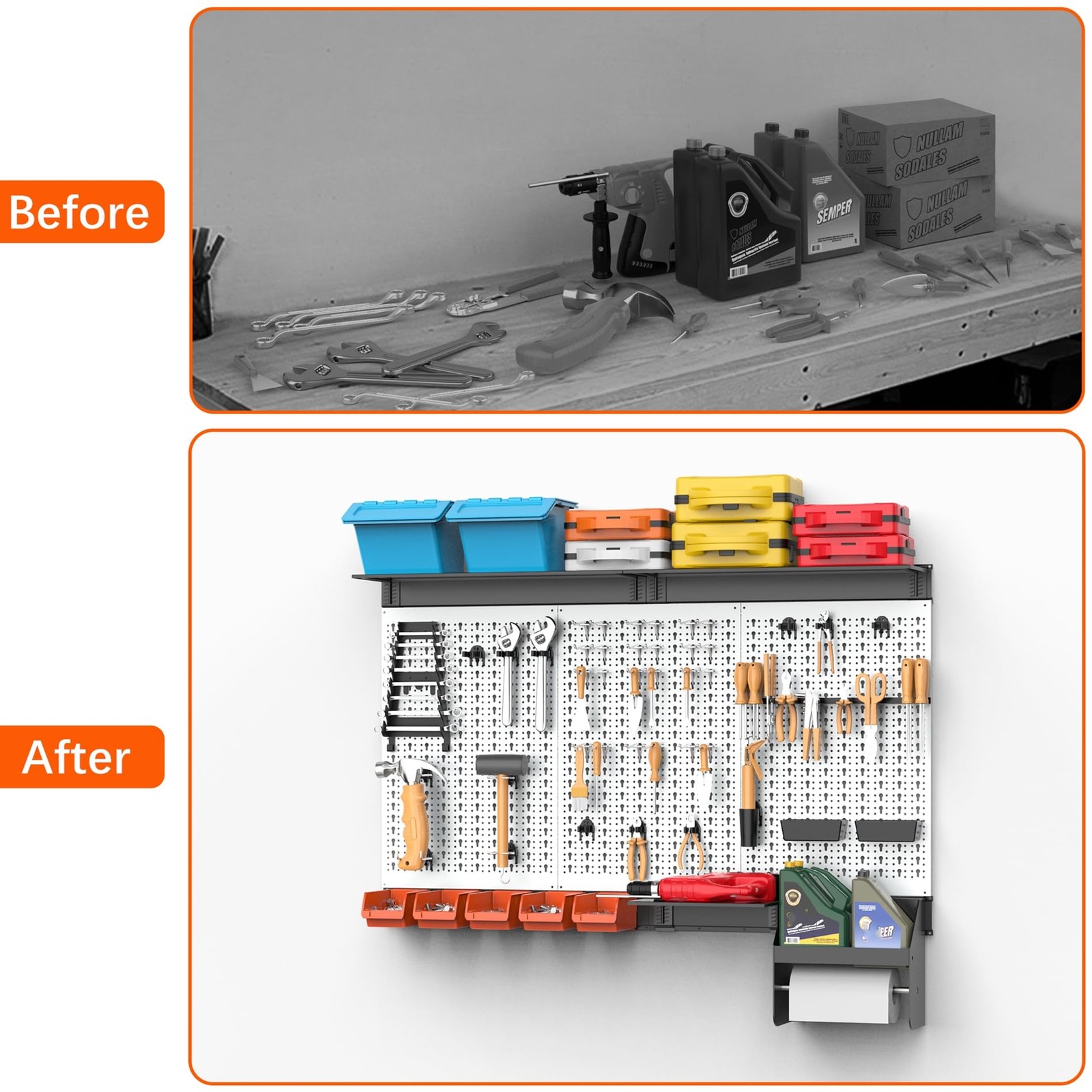 TORACK Pegboard Wall Organizer 4 ft. Garage Metal Utility Tool Storage Kit with