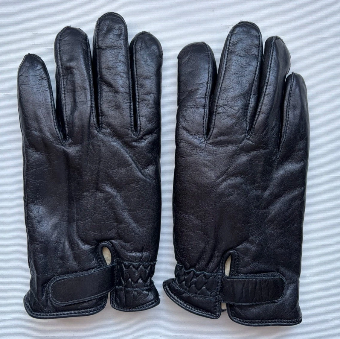 VTG EDDIE BAUER Black Leather Men’s Sz XL Gloves Fleece Lined Adjustable Strap