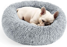 20" Calming Donut Dog Cat Bed, Washable Fluffy Pet Bed, Anti-Slip, Grey