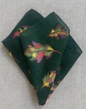 Vintage Dark Green Multicolor Leaf Handkerchief / Pocket Square Hand Rolled
