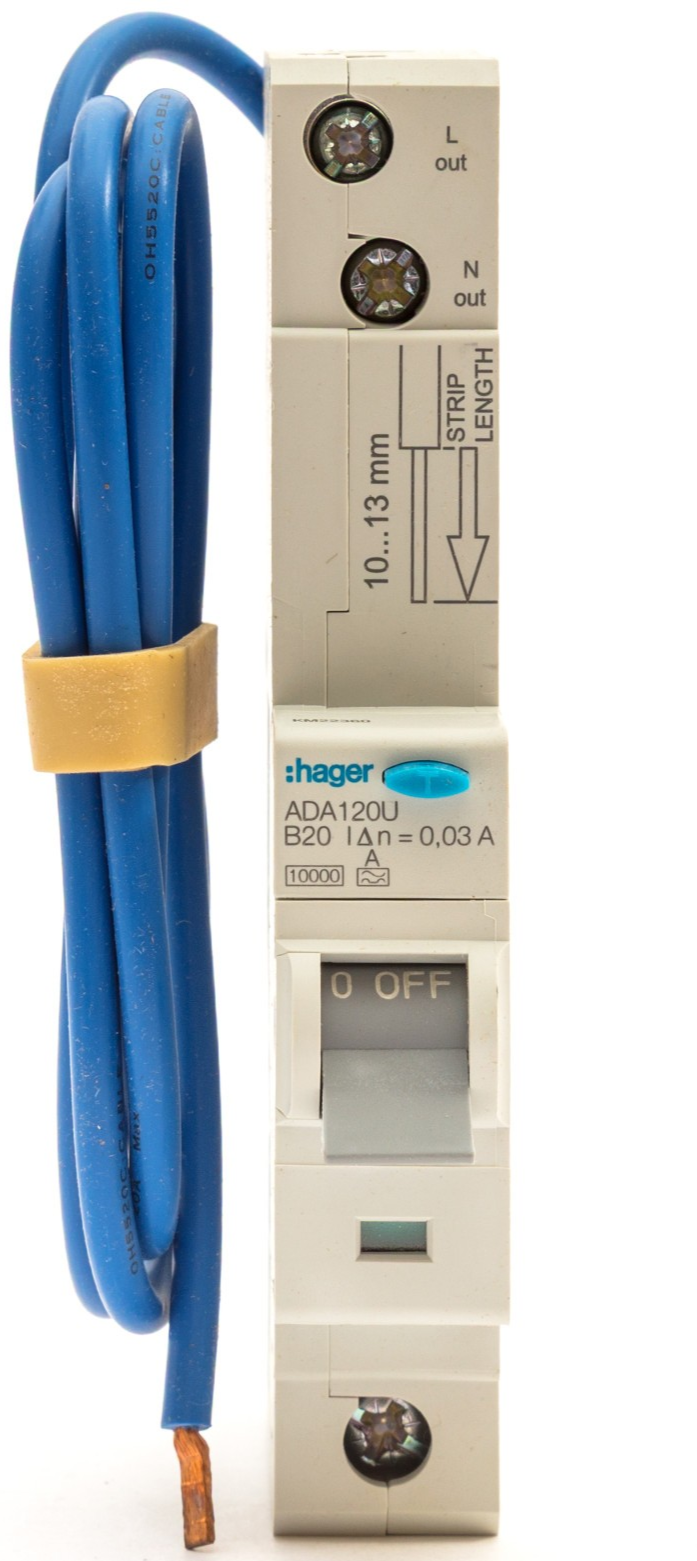 HAGER 20 AMP 20A B20 CURVE B 10kA 30mA RCBO TYPE A ADA120U 104534