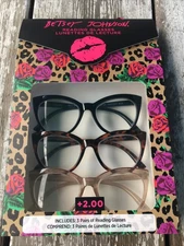 BETSEY JOHNSON 3 PACK PREMIUM READING GLASSES READERS ❤️+2.00 CAT-EYE NEW
