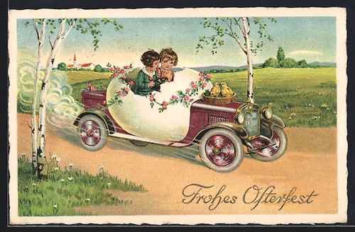 Ansichtskarte Kinder Fahren mit Osterei-Auto, Osterküken auf der Motorhaube