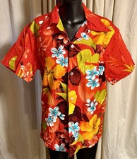 Men  s 1960  s Sears Hawaii Orange Button Up Shirt - Floral Tiki Party - Size S/M