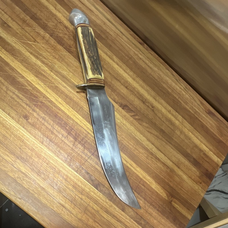 Original Buffalo Skinner Fixed Blade Knife Stag Handle Clip Point Plain Silver