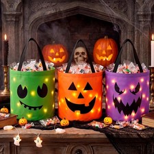 Joyfy 3Pcs Light Up Halloween Pumpkin Bucket LED Trick or Treat Candy Bag Prop