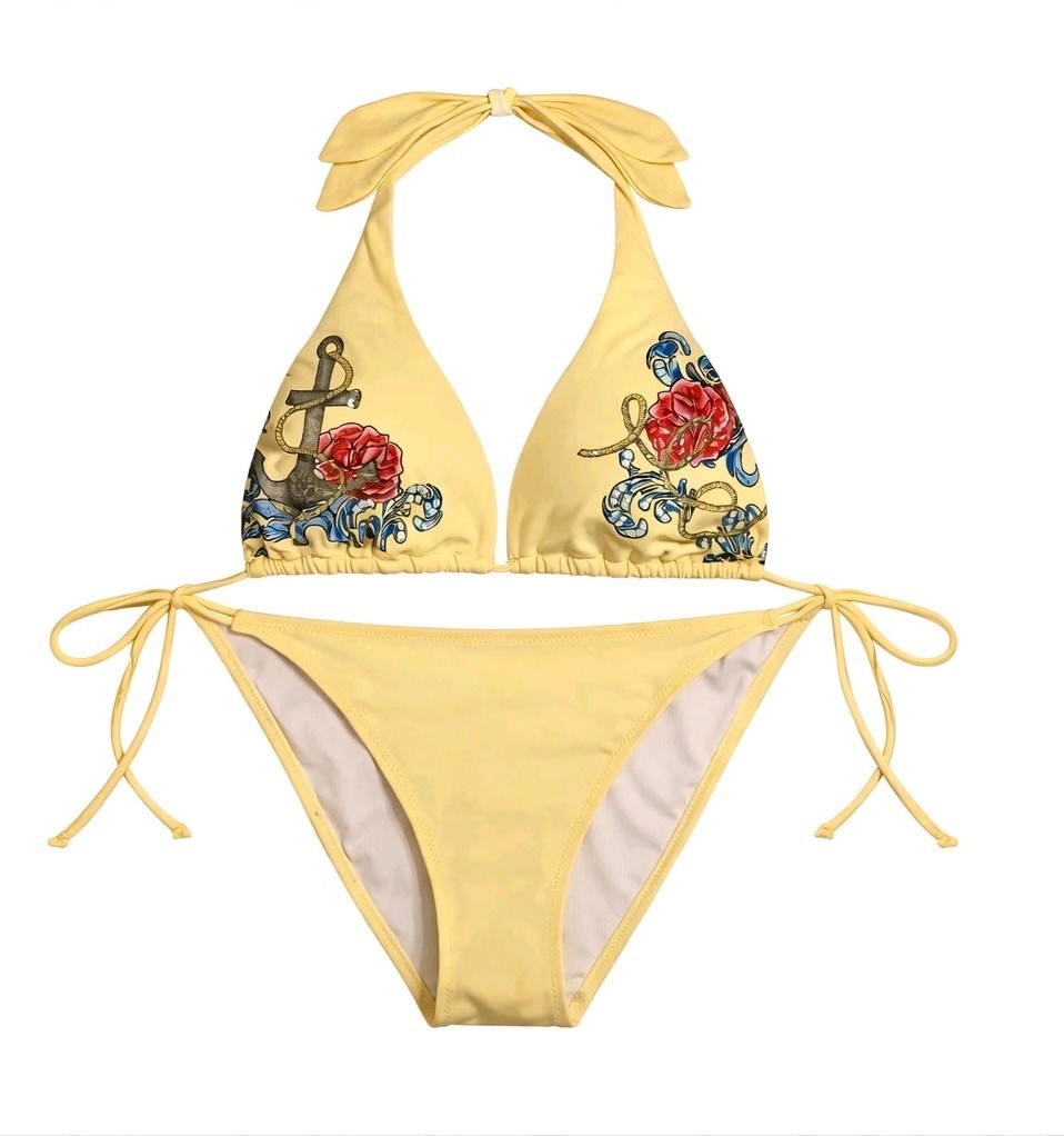 Rare Victoria's Secret Yellow True Forever Rose Tattoo Sequin Bikini Set S