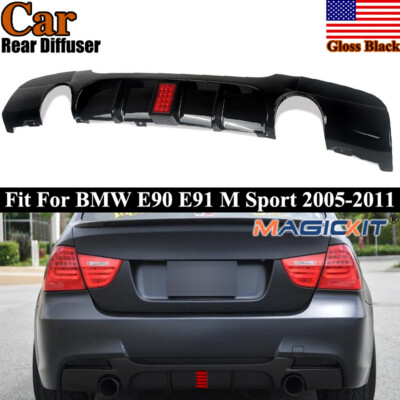 For BMW E90 E91 M Sport 2005-12 Dual Exhuast Black Rear Bumper Diffuser Spoiler