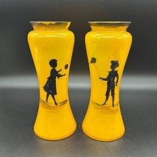 Czech Bohemian Silhouette Glass Vases Black Orange Children Playing Set of 2