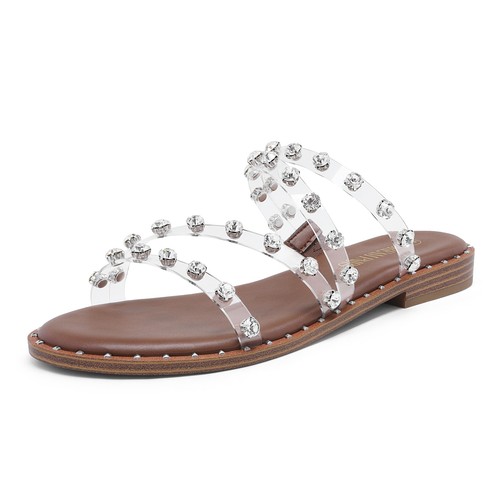 Damenschuhe Strass Party elegante Slipper offene Zehenpartie Schlappen flache Sandalen - Bild 8 von 26