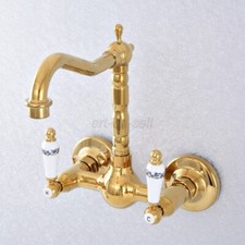 Luxury Gold Brass Wall Mount Ceramic Handles Kitchen Basin Sink Faucet Tap