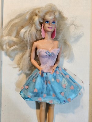 Vintage Barbie Doll 1990's Pretty Blue Dress Tnt Long Hair EUC