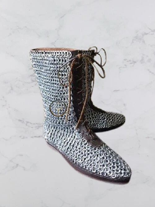 Medieval Chainmail Leather Boot Flat Riveted Rings Reenactment LARP Cosplay Gear - Image 2 of 4