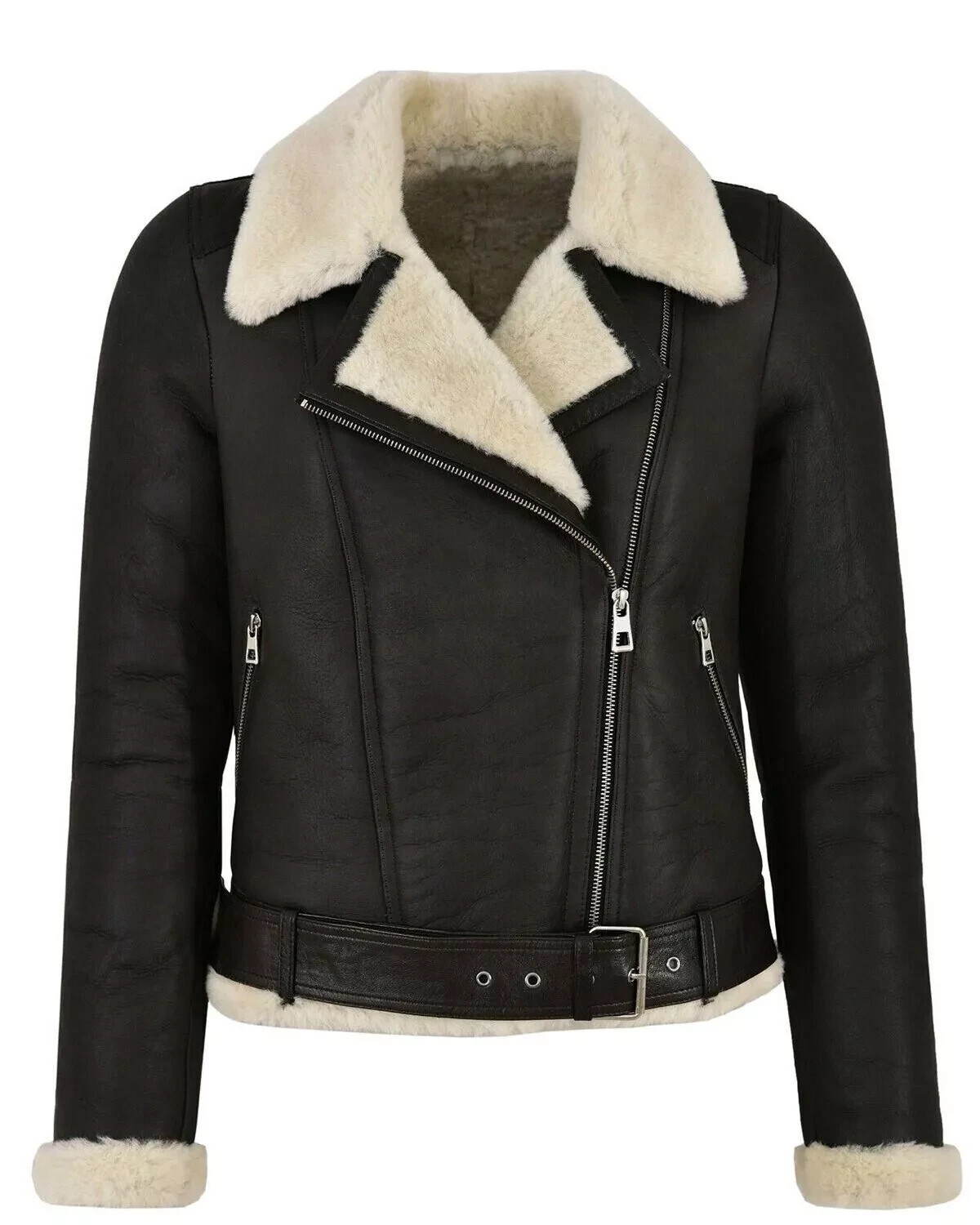 Women's RAF B3 Bomber Aviator Genuine Leather Black Sheepskin Jacket Fur Coat