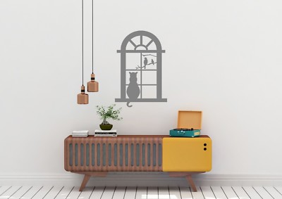 Katze im Fenster mit Vögeln inspiriert Design Wohndeko Wandbild Aufkleber Vinyl Aufkleber
