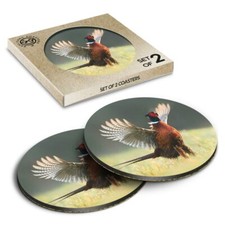 2 x Boxed Round Coasters - Male Ringneck Pheasant Bird  #45660
