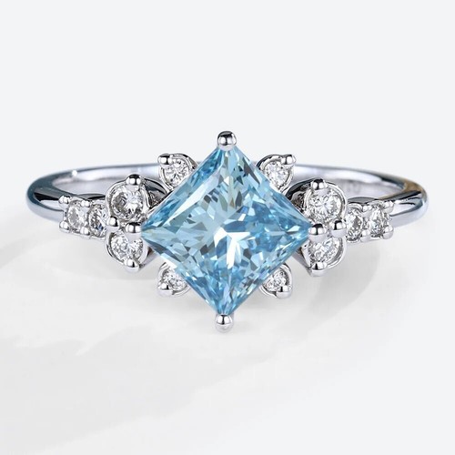 3.01 Princess Lab Grown Diamond Fancy Vivid Blue VS1 with 14KT Gold Ring US 7