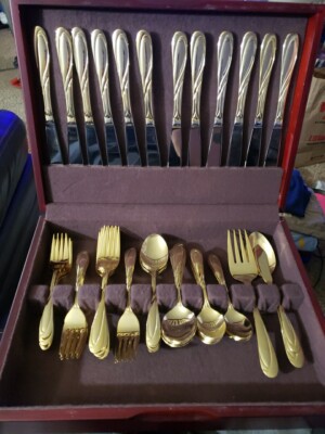 Farberware 64 Piece Goldplated Flatware Service For 12 Breeze Gold, Wood Box