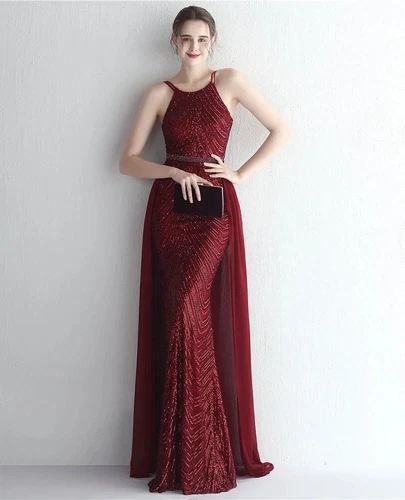 Elegant Gold Sequins Dress Evening Party Women Long Formal Evening Prom Dresses - Picture 23 of 30
