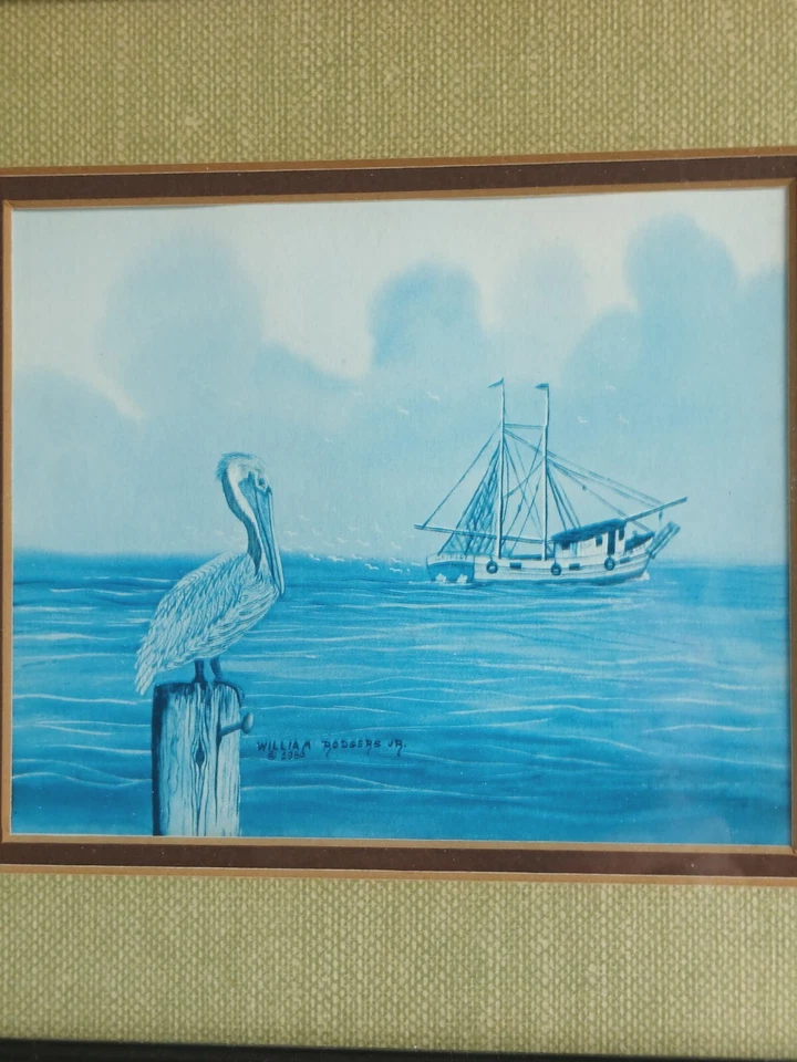 Impresión artística náutica enmarcada escena de barco pelícano firmada por William Rogers Jr Foto 2 de 4
