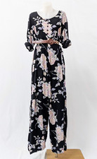 LIZ MOODY Vintage Women Black Rose Print Wide leg Jumpsuit Size XL Floral Retro