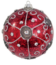 Red Glass Ball Christmas Ornament 4" Silver Swirls Embellished Festive Hanging