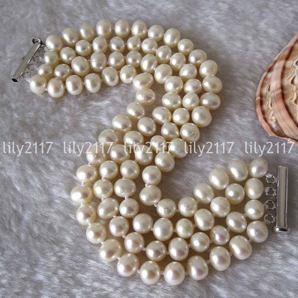 Brazalete de perlas blancas de agua dulce del Mar del Sur genuino natural 4 filas 6-8 mm 8" Foto 2 de 3