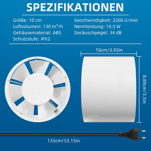 Ø100 mm Kanal Rohrventilator Abluft Rohreinschub Lüfter Leise Sieben Klingen DHL - Bild 3 von 11