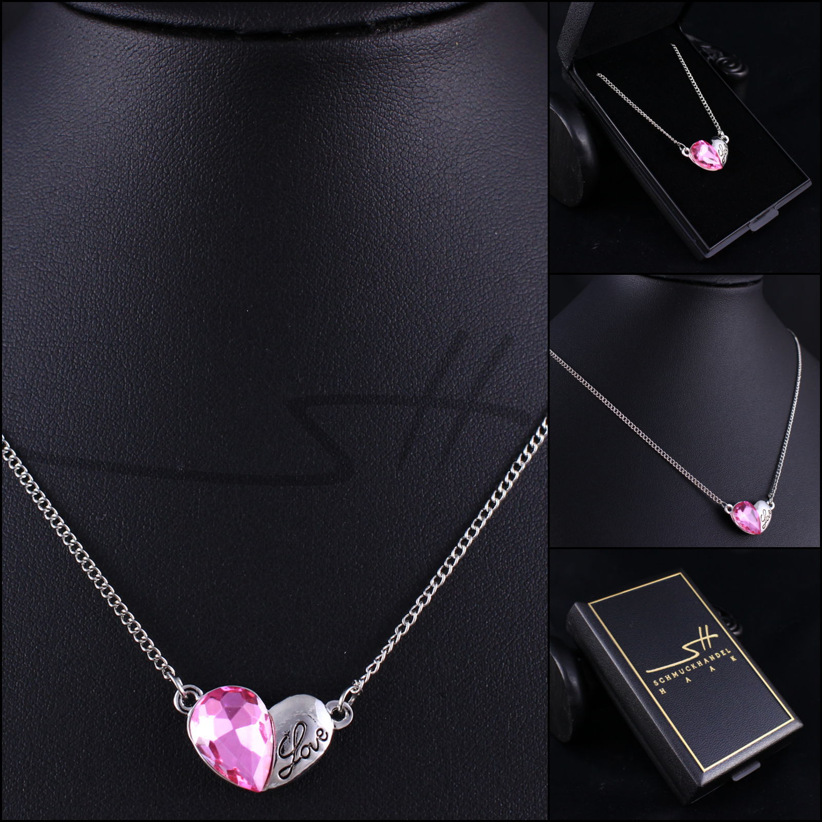 Halskette Rosa Herz, Kette Frauen Damen Silber, + Etui, Geschenk Muttertag