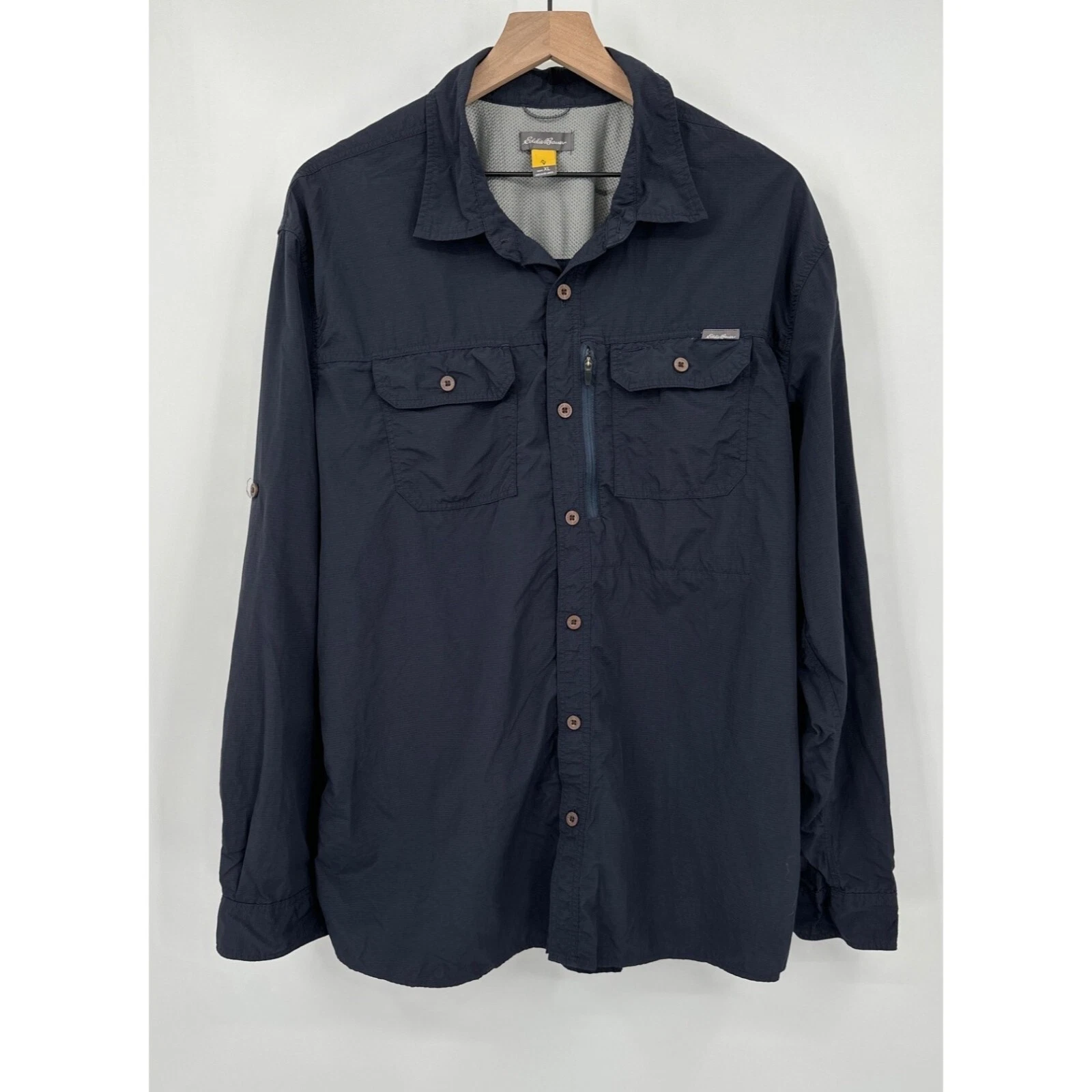 Eddie Bauer Shirt Men XL Navy Blue Button Front Long Sleeve Fishing Outdoor