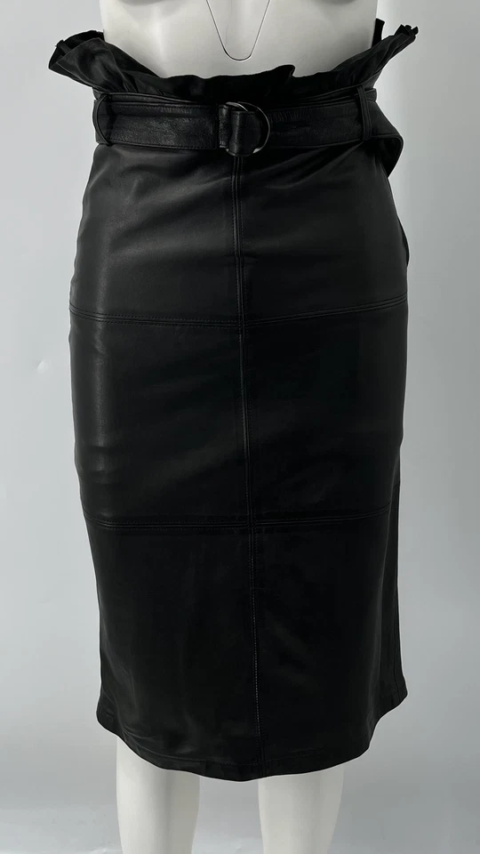 J. Brand Genuine Black Leather 'Claudia' High-Waisted Belted Midi Skirt sz S - Image 2 of 4