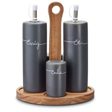 Menage Set Salz Pfeffer Öl Essig Grau Steingut Keramik Holz Öl- & Essiggiesser