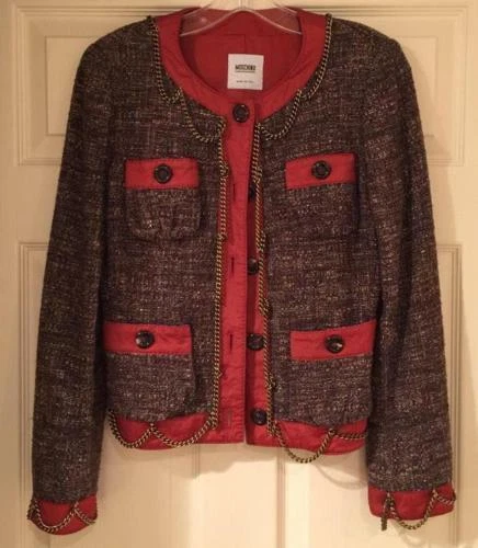 Giacca Moschino vintage rara in tweed con catene colore ottone in tutta taglia 40