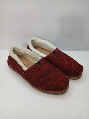 Toms Shoes Womans Red Plaid Faux Fur Lined Slip On Slippers Cozy House  Shoes