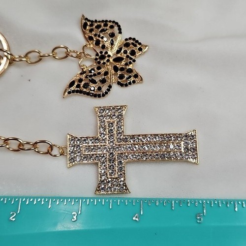 2er Set Schlüsselanhänger Taschenanhänger goldfarben Kreuz schwarz Strass Schmetterling Kristall - Bild 5 von 6