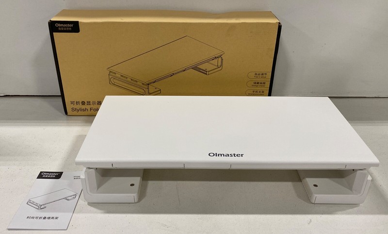 Olmaster Stylish Foldable Monitor Stand White Adjustable Width Storage Drawer