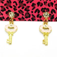Hot Pink Enamel Cute Key Love Love Crystal Fashion Women Stand Jewelry Earring