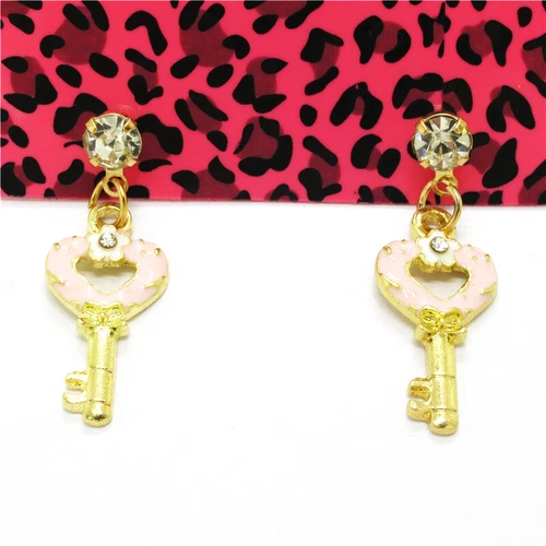 Hot Pink Enamel Cute Key Love Love Crystal Fashion Women Stand Jewelry Earring