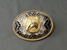 Vintage Belt Buckle Gold Horse Horse Shoe w/ Black Enamel Silver Background