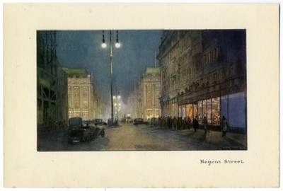 LONDON antiker Druck 1926 Autos Regent Street Shops Nachtszene DONALD MAXWELL