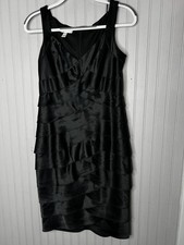 London Times Dress Womens 4 Black Sleeveless Sheath Tiered Satin Cocktail Party