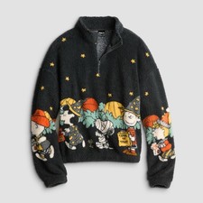 Peanuts Gang Snoopy Halloween Sherpa Quarter Zip Pullover Sweater XS NEW