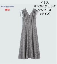 Uniqlo Ines Gingham Check Dress L Black Flare Cotton Used JAPAN