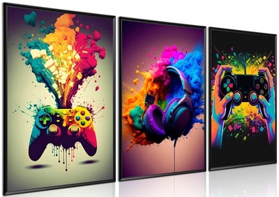 Gaming Room Decor Wall Art Set of 3 - Video Gaming Controller Gamer Wall Deco...
