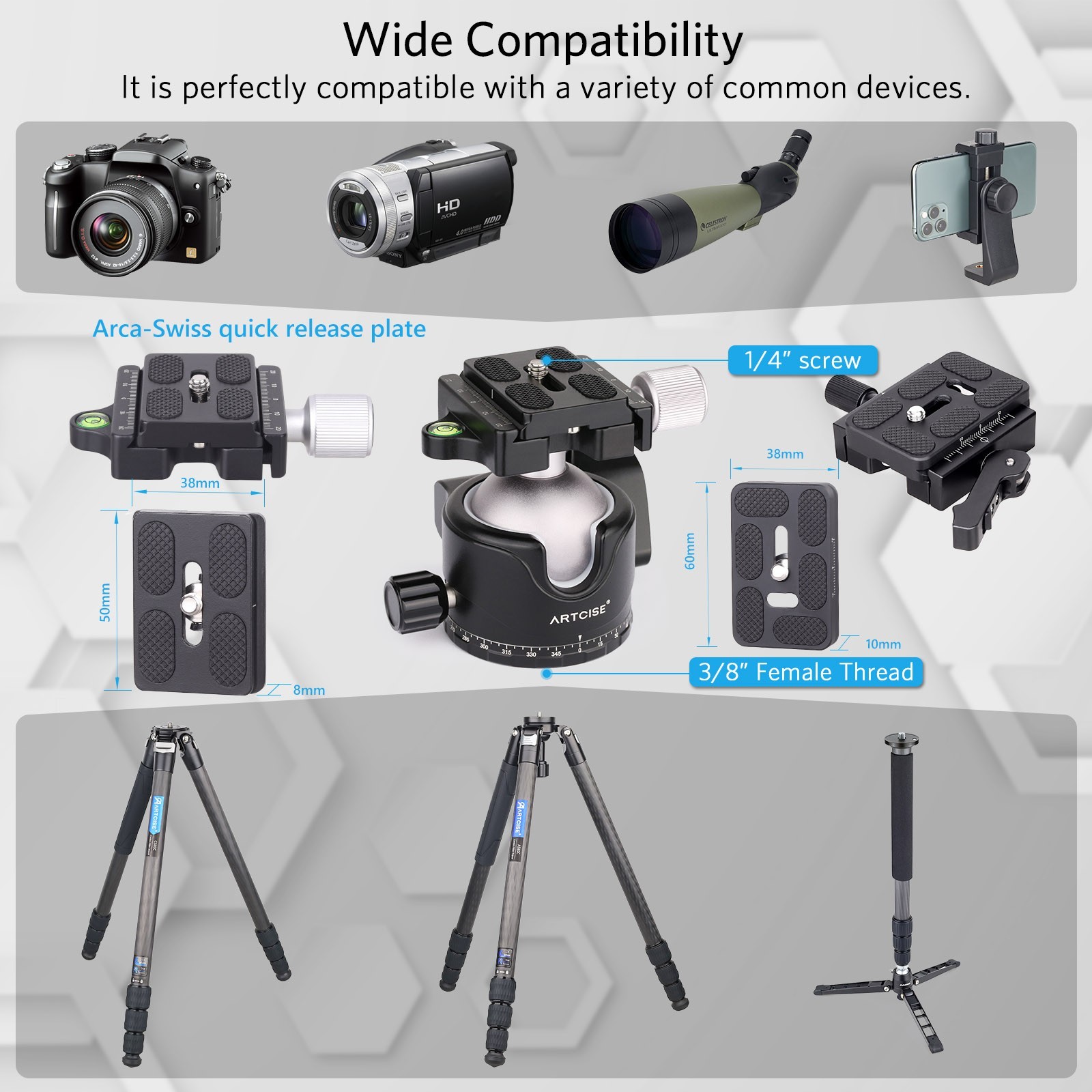 46mm Low Profile Tripod Head Ball Head with Lever Release Clamp 44lbs/20kg