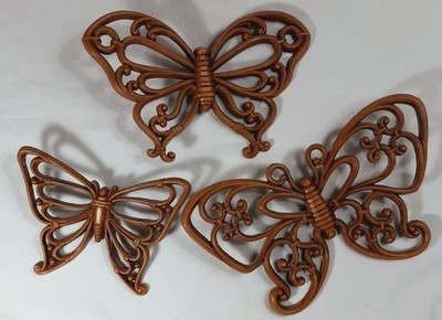 Vintage Homco Set 3 Wall Hanging Butterflies Plastic Wicker/Bamboo Look