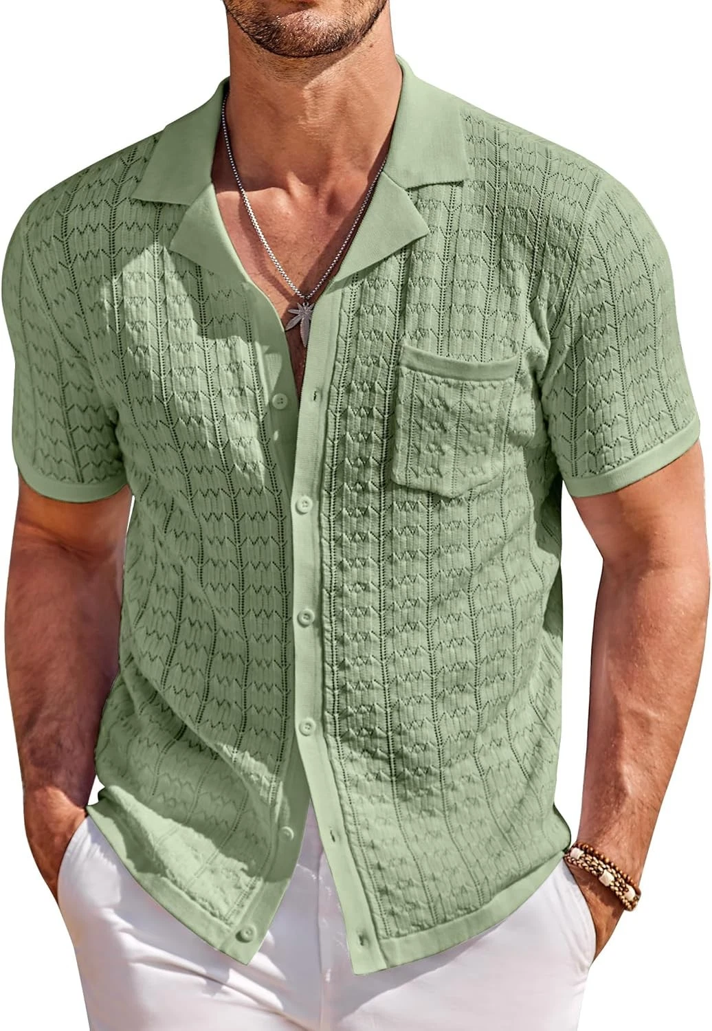 Coofandy Men's Knit Shirts Short Mens Sleeve Button Down Casual Polo Shirt